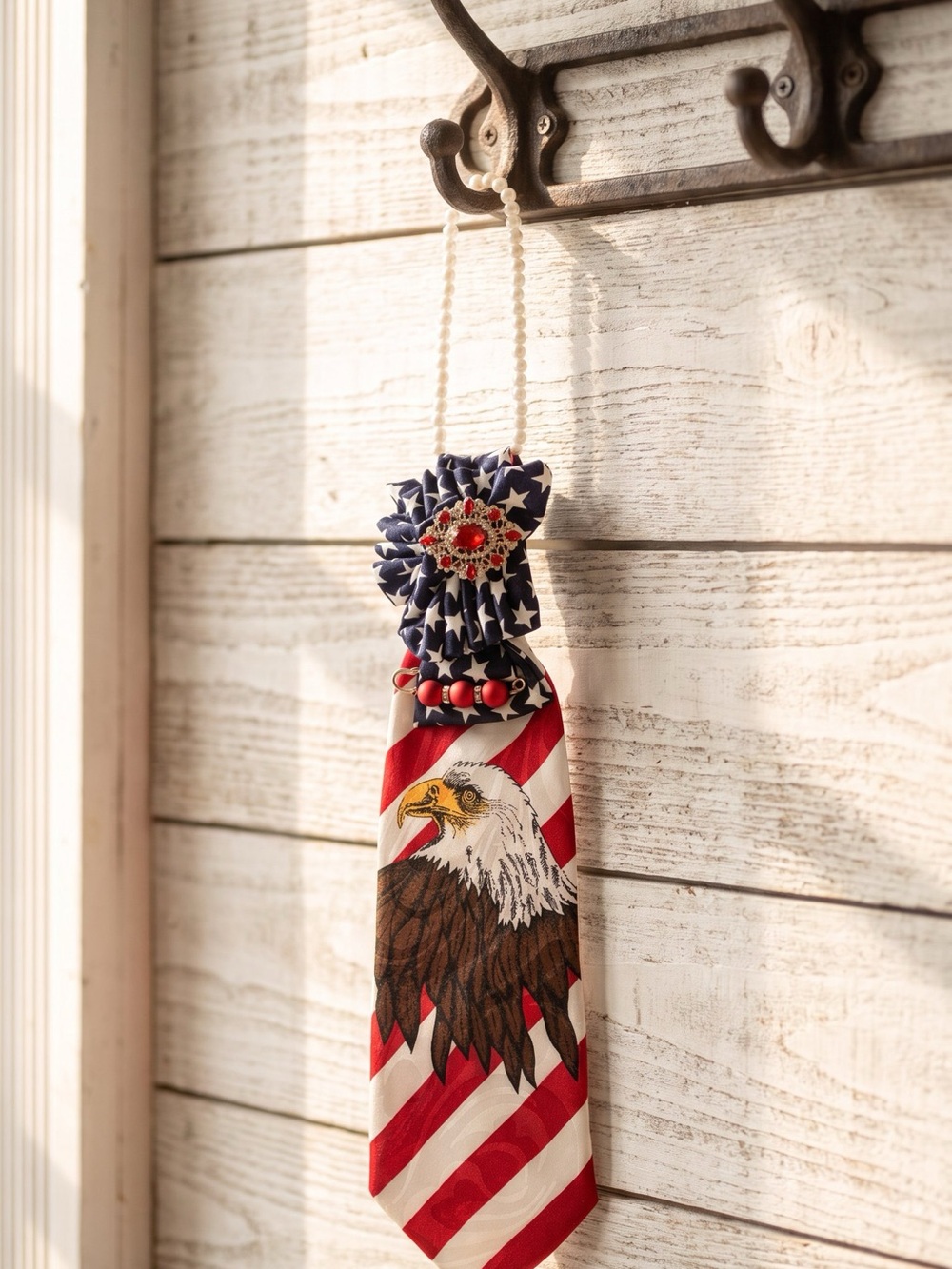 Patriotic Eagle necktie necklace Red, White & Blue adorned with a red brooch - Picture 1 of 2